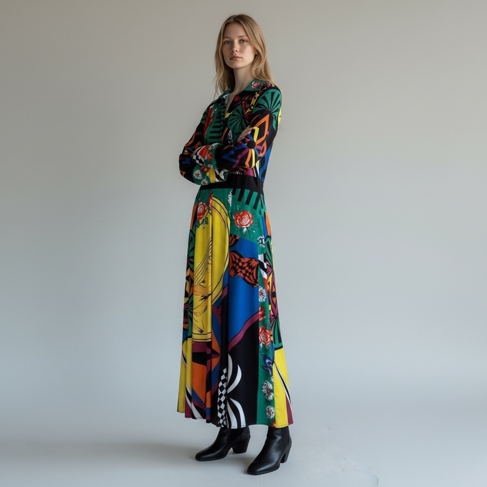Y2K Inspired Women’s Multicolor Abstract Print Maxi Dress Size M